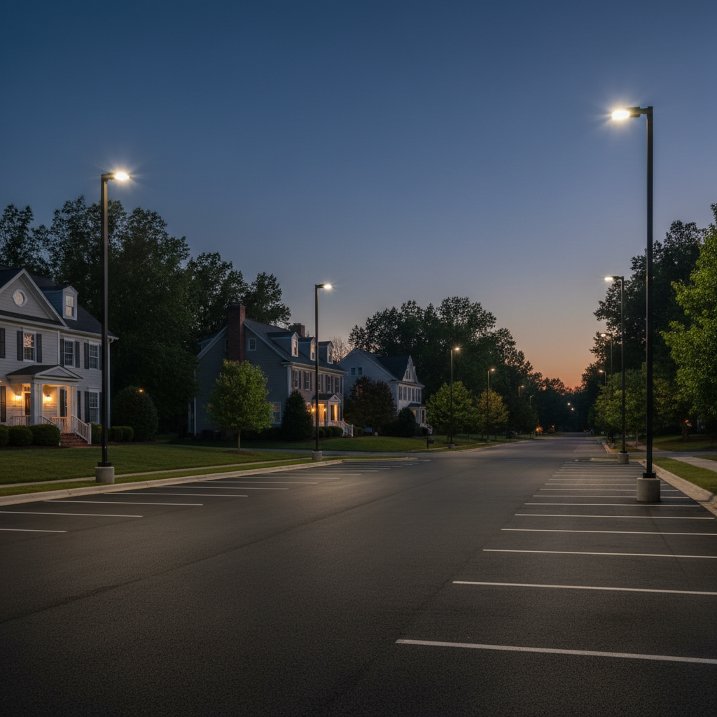 Subtle shot of parking lot lighting installation in a serene Fredericksburg, VA neighborhood at dusk.
