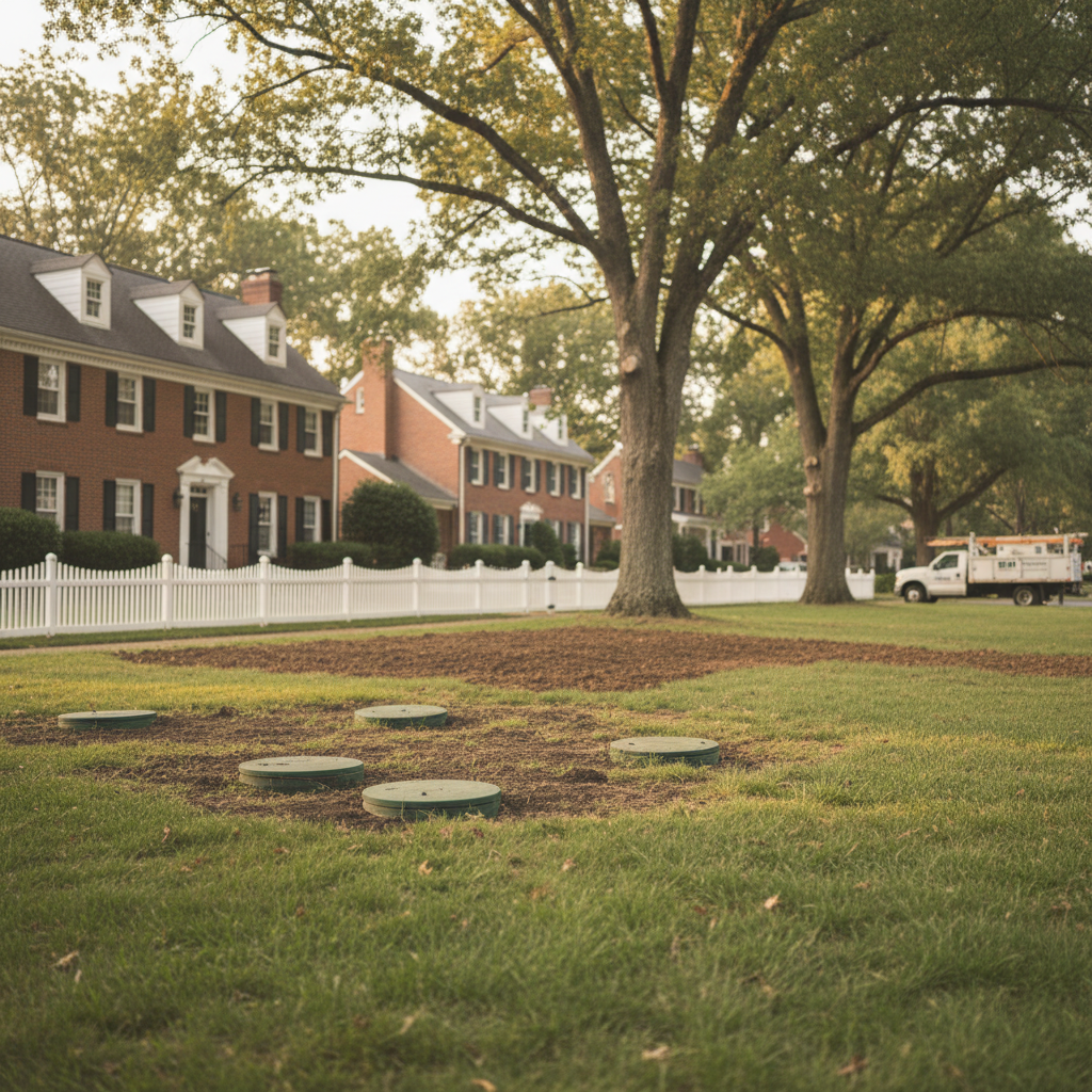 Subtle view of a completed septic system repair site in a Fredericksburg, VA neighborhood with homes and trees in the background.