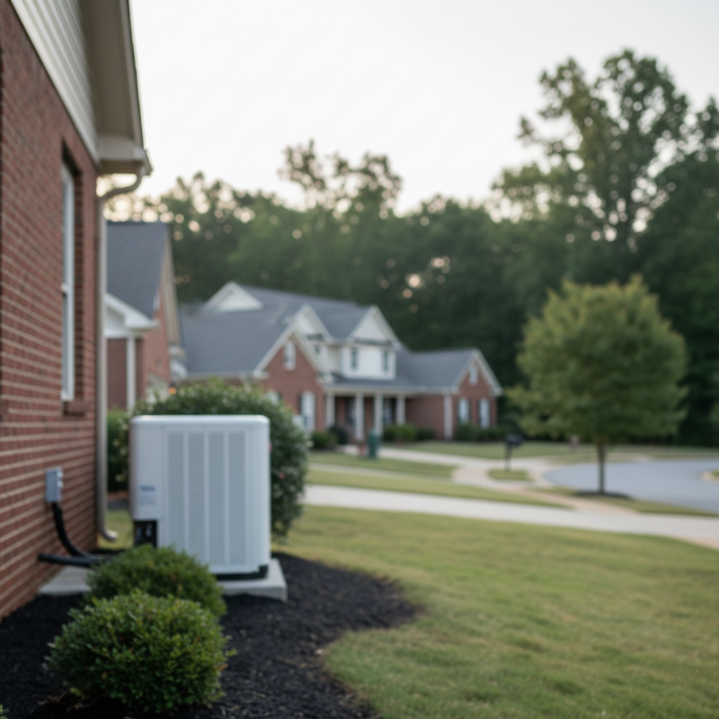 Subtle view of a heat pump installation beside a home in a residential Fredericksburg, VA, neighborhood.