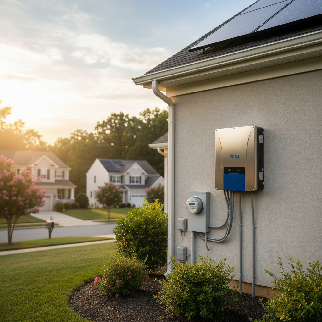 Subtle view of a home in a Fredericksburg, VA neighborhood with a solar inverter replacement unit clearly visible.