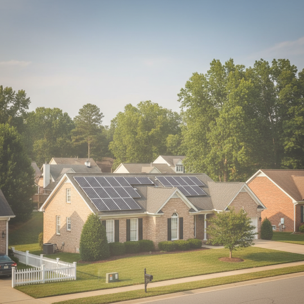 Subtle view of a home with solar panels, representing a typical solar system inspection scene in Fredericksburg, VA.