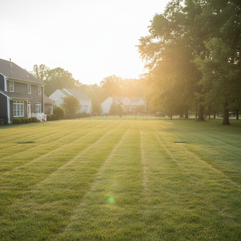 Subtle view of a manicured lawn with hidden septic system access in a Fredericksburg, VA neighborhood.