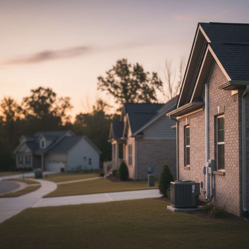 Subtle view of a mini split installation on a home in a quiet Fredericksburg, VA, residential neighborhood at dusk.