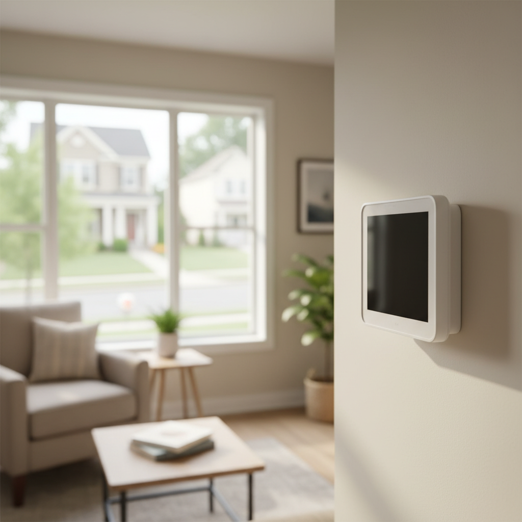 Subtle view of a new thermostat installation in a modern living room in Fredericksburg, VA.