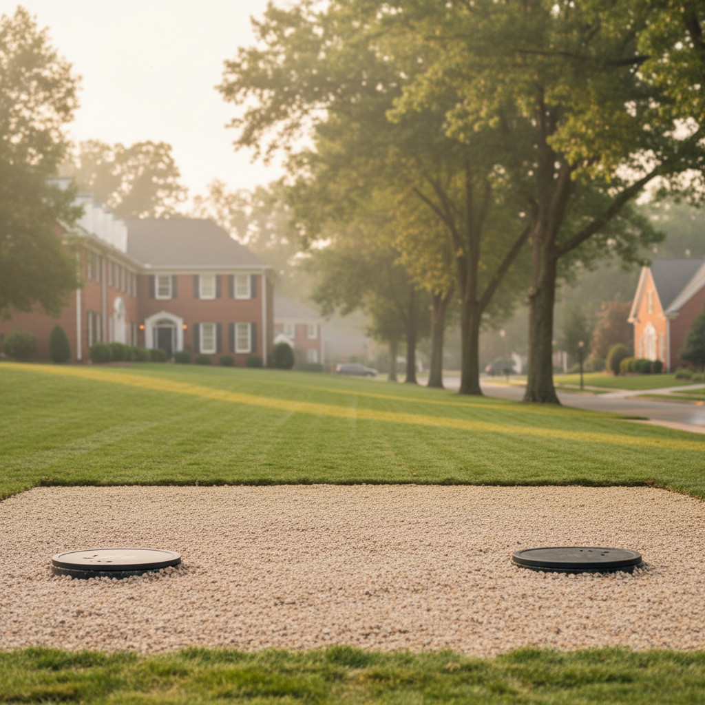 Subtle view of a newly replaced septic system in a quiet Fredericksburg, VA neighborhood setting at dusk.
