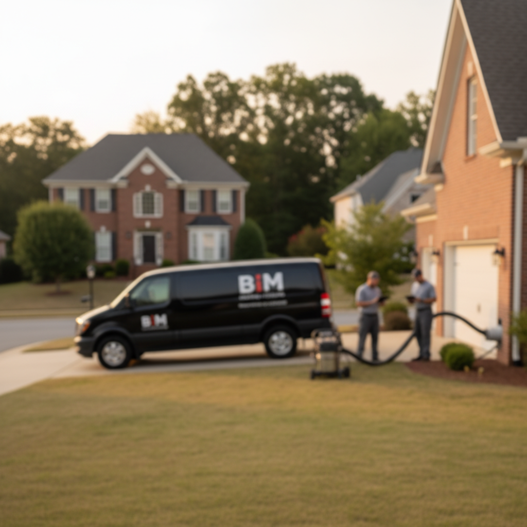 Subtle view of air duct inspection equipment near a residential house in a Fredericksburg, VA neighborhood.