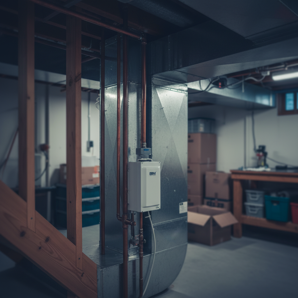 Subtle view of an air scrubber installation within a Fredericksburg, VA, residential basement setting.
