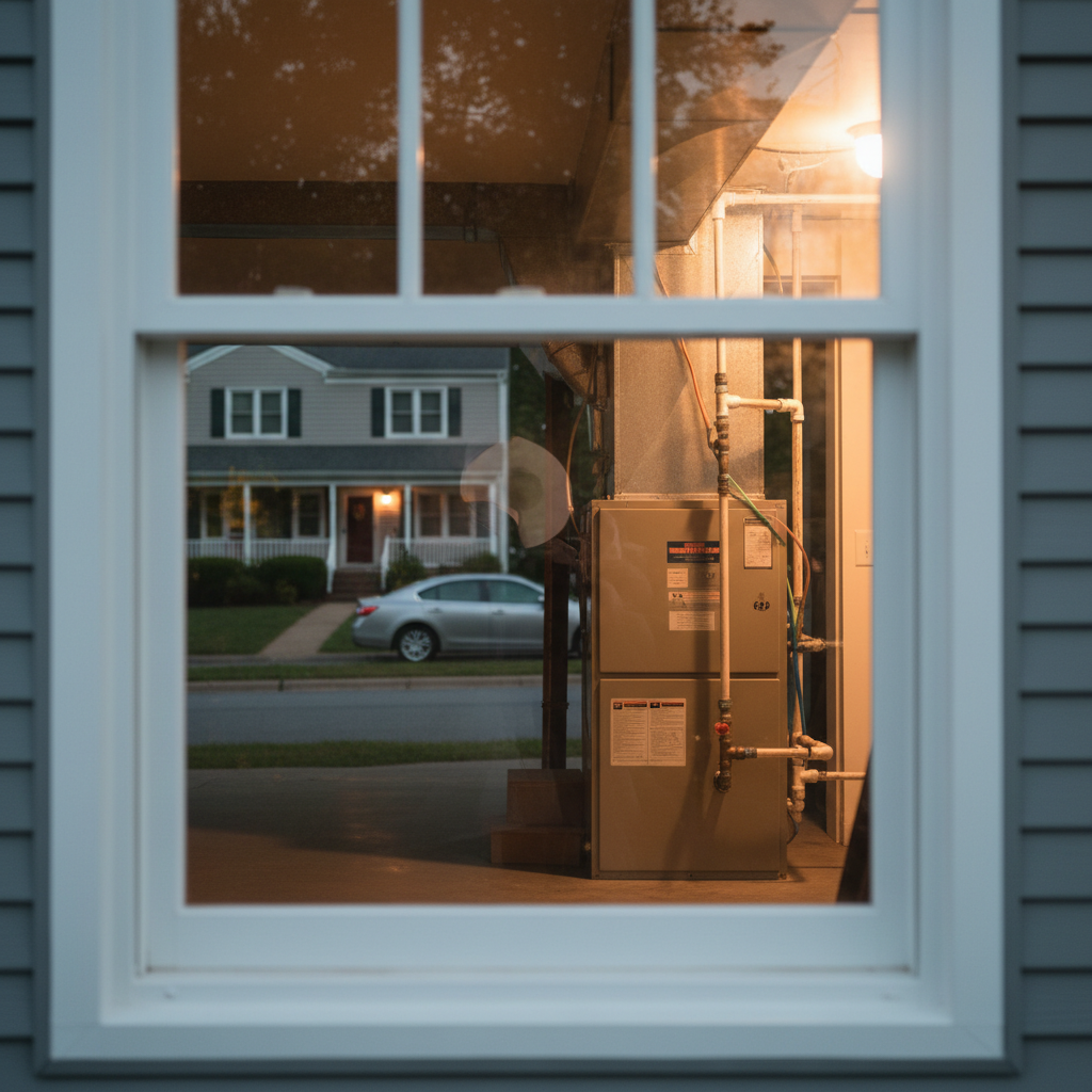 Subtle view of an electric furnace repair service inside a Fredericksburg, VA home, seen through a window.