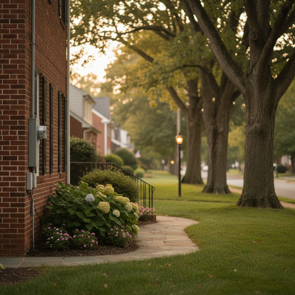 Subtle view of an electrical meter on a brick home, representing electrical repair shop services in a quiet Fredericksburg neighborhood.