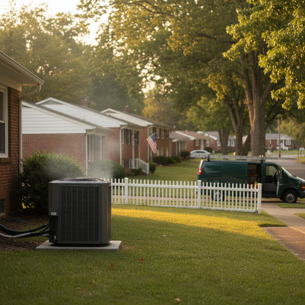 Subtle view of an outdoor AC unit serviced in a quiet Fredericksburg neighborhood, with soft evening light.