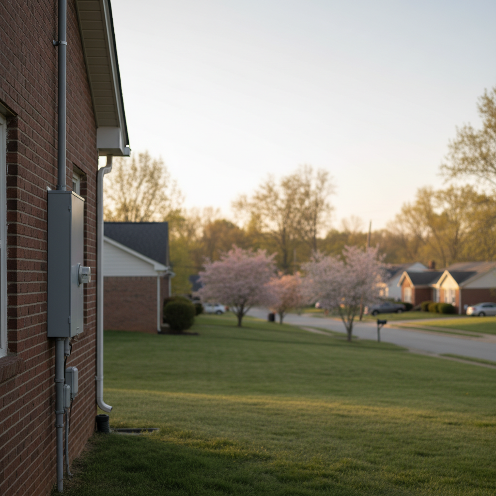 Subtle view of an outdoor electrical panel on a brick home in a residential neighborhood in Fredericksburg, ideal for electrical repair.