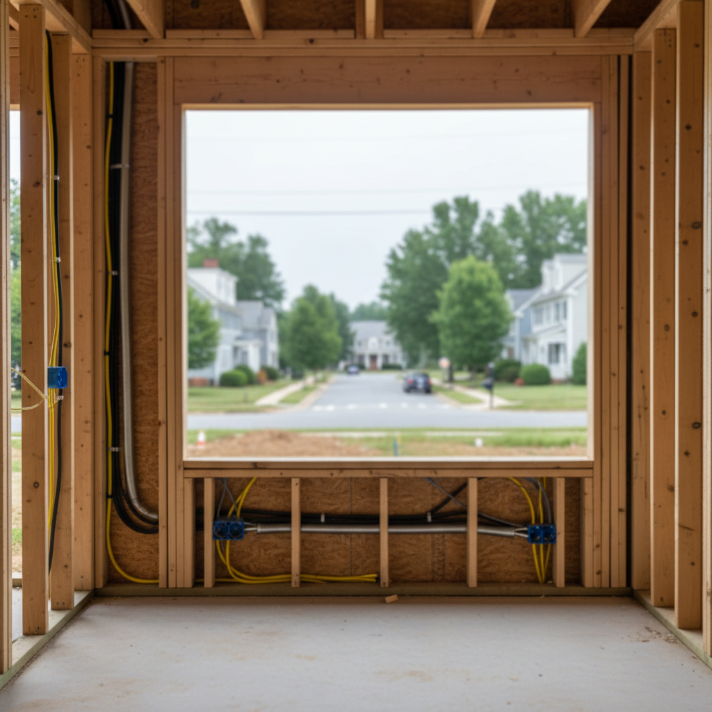 Subtle view of electrical rough-in in a Fredericksburg neighborhood setting, seen through a framed window.
