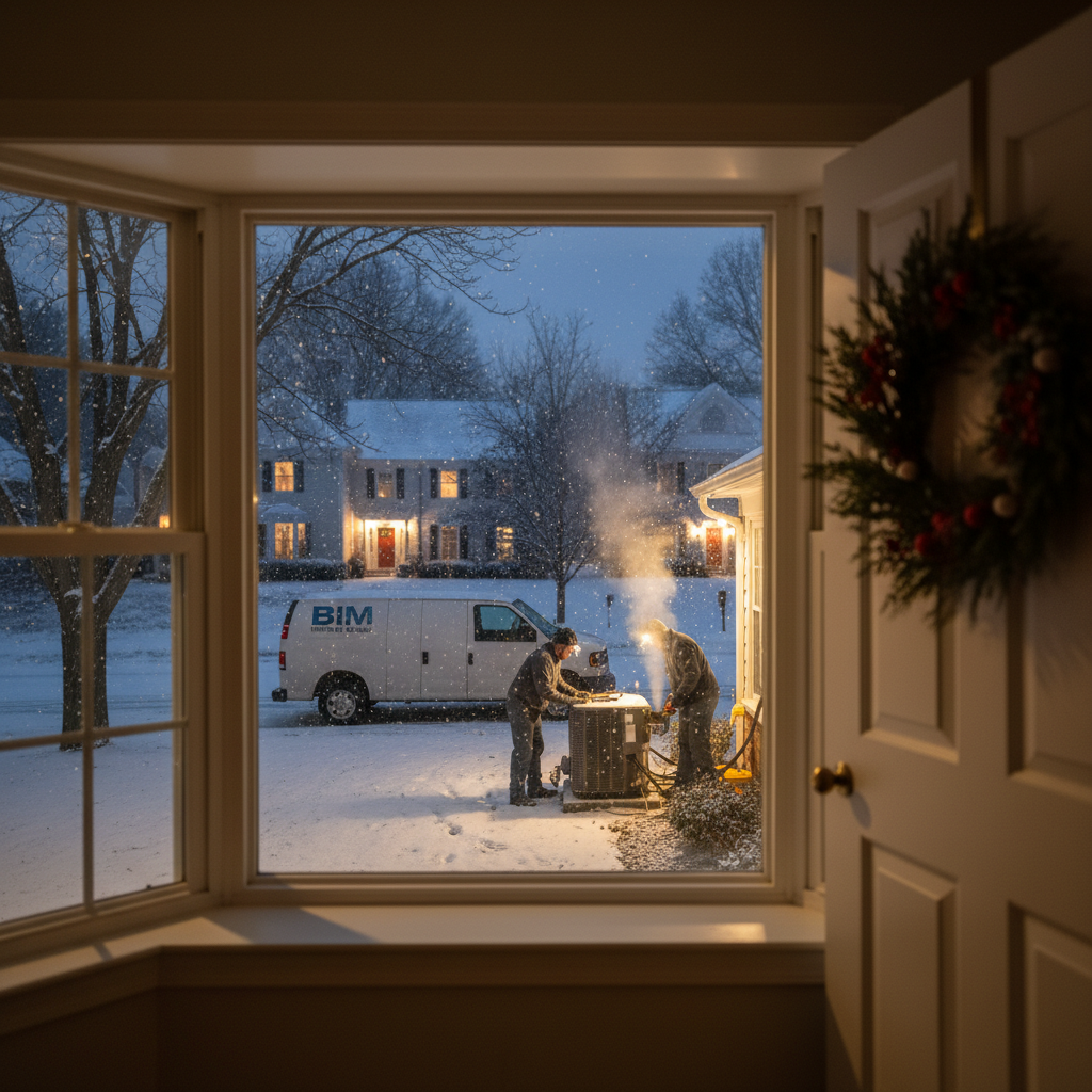 Subtle view of emergency furnace repair in a quiet Fredericksburg neighborhood during snowy weather, seen through a window.