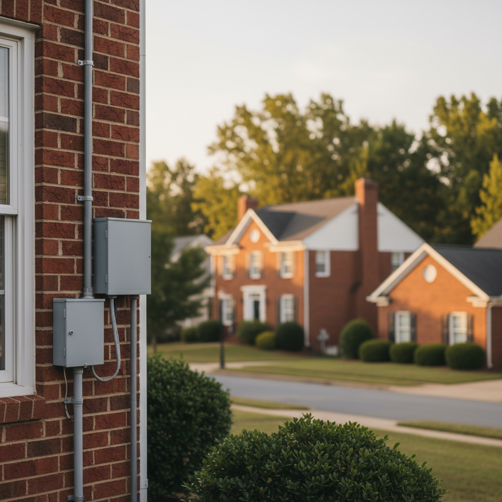 Subtle view of exterior electrical wiring repair work on a home in a Fredericksburg, VA neighborhood.