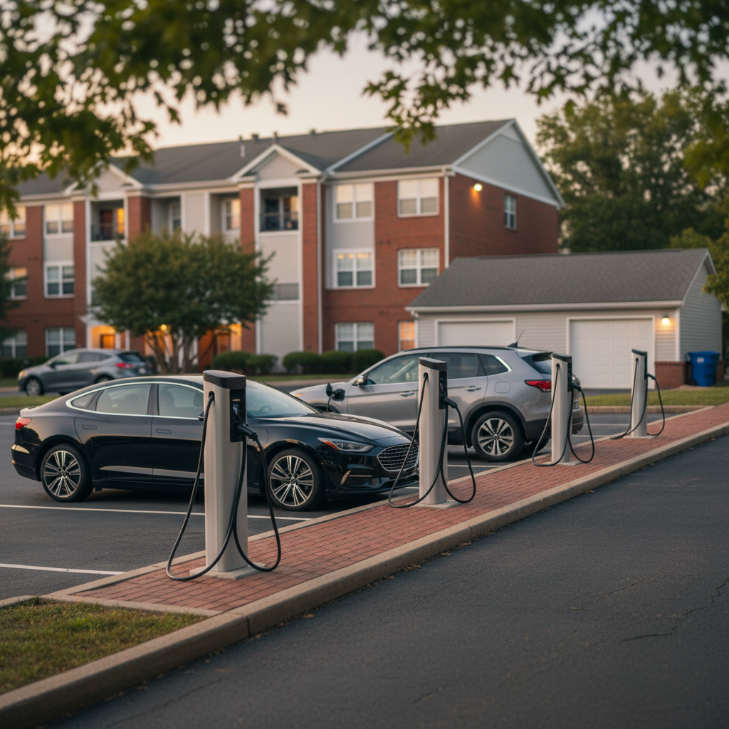 Subtle view of multi-unit EV charging stations in a Fredericksburg, VA, residential neighborhood.