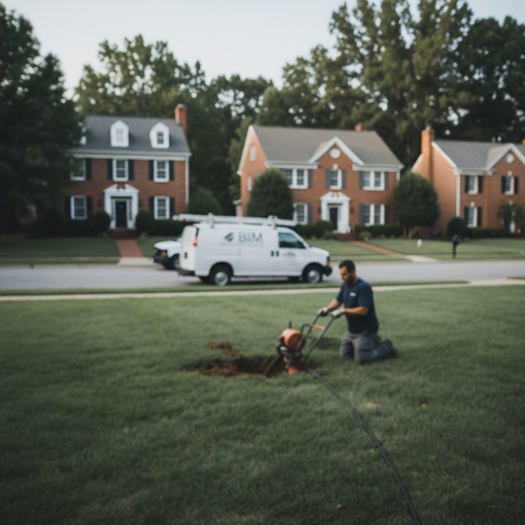 Subtle view of rooter service in progress in a quiet Fredericksburg, VA neighborhood at dusk.