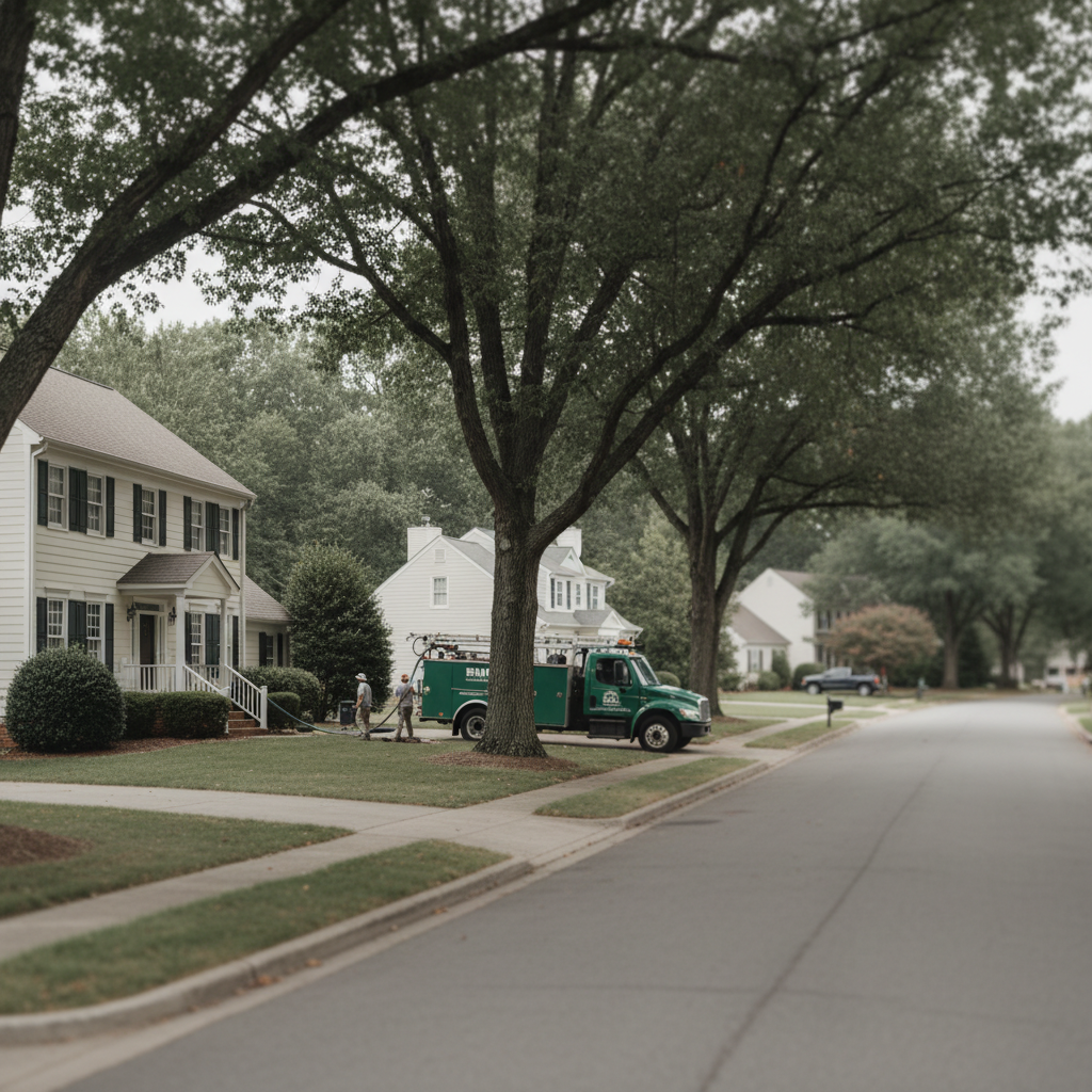 Subtle view of septic system maintenance in a tree-lined Fredericksburg, VA neighborhood with technicians working.