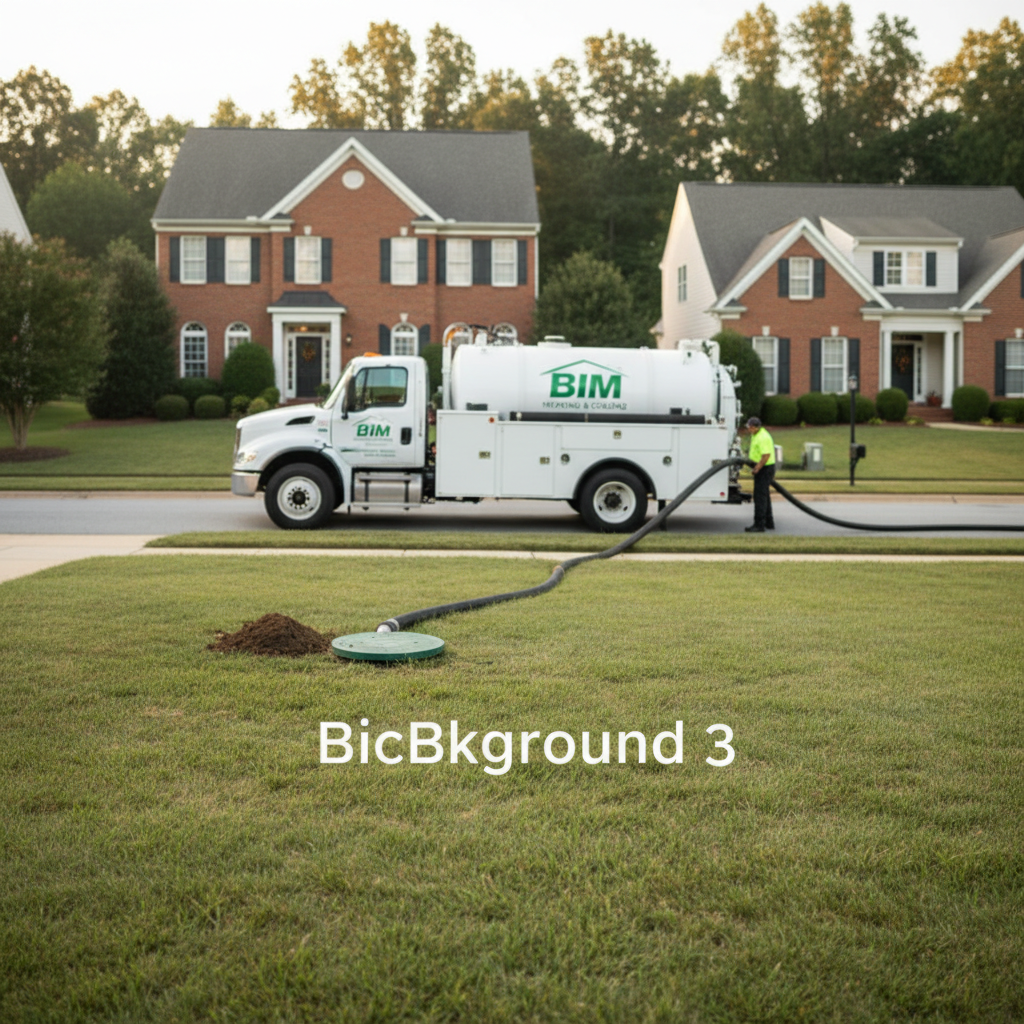Subtle view of septic tank pumping in a Fredericksburg, VA neighborhood with a service truck and houses.