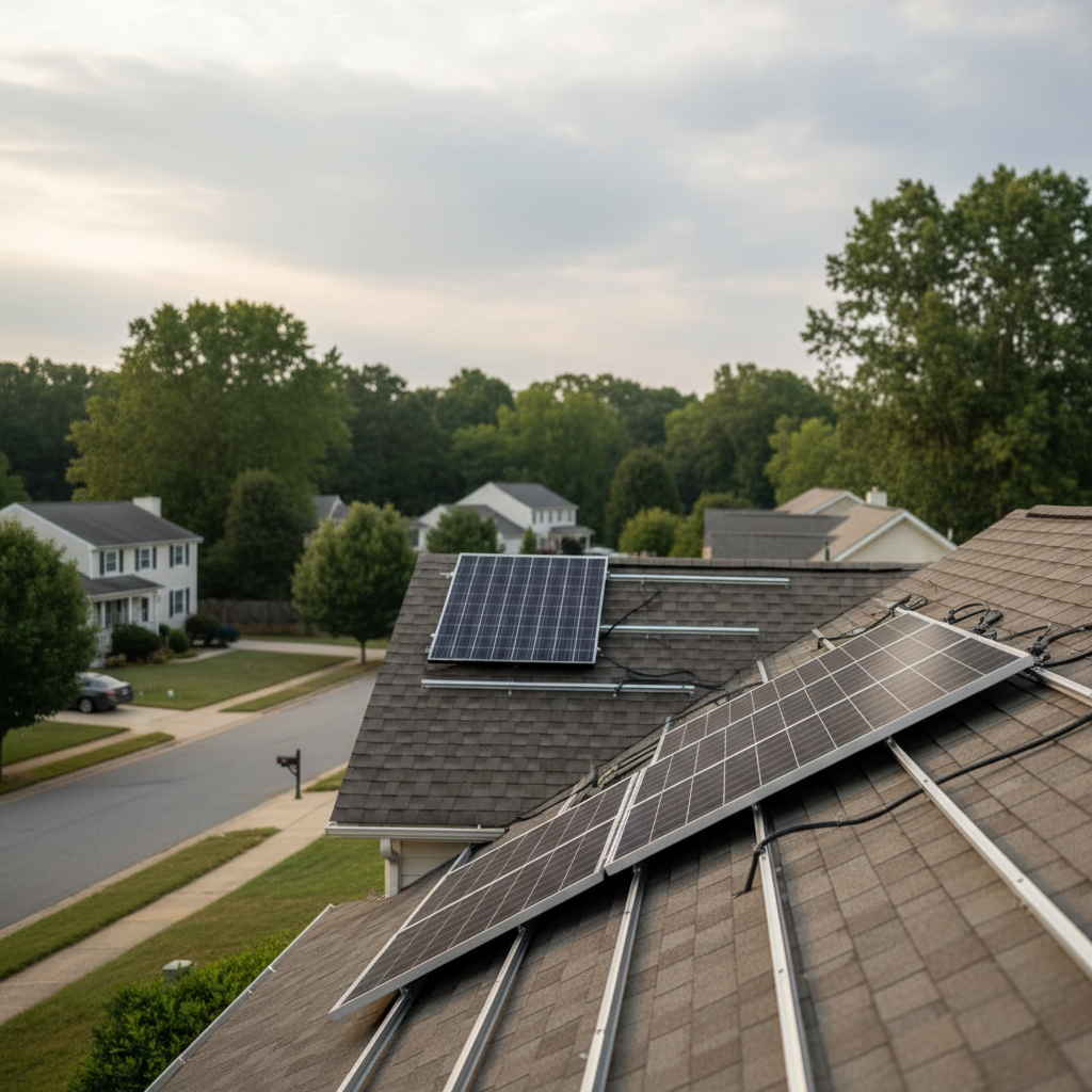 Subtle view of solar panel removal and reinstall in progress on a residential roof in a Fredericksburg, VA neighborhood.