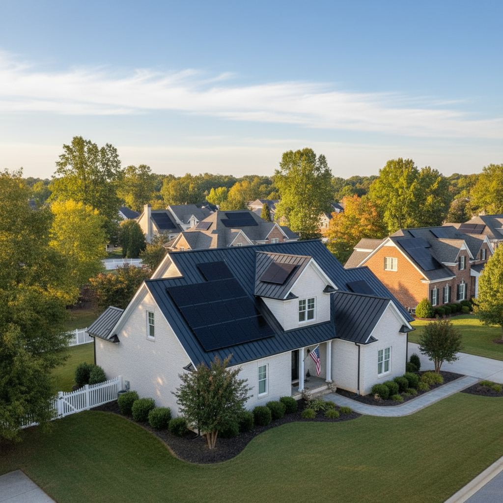 Subtle view of solar roof integration on homes in a peaceful Fredericksburg, VA neighborhood at sunset.