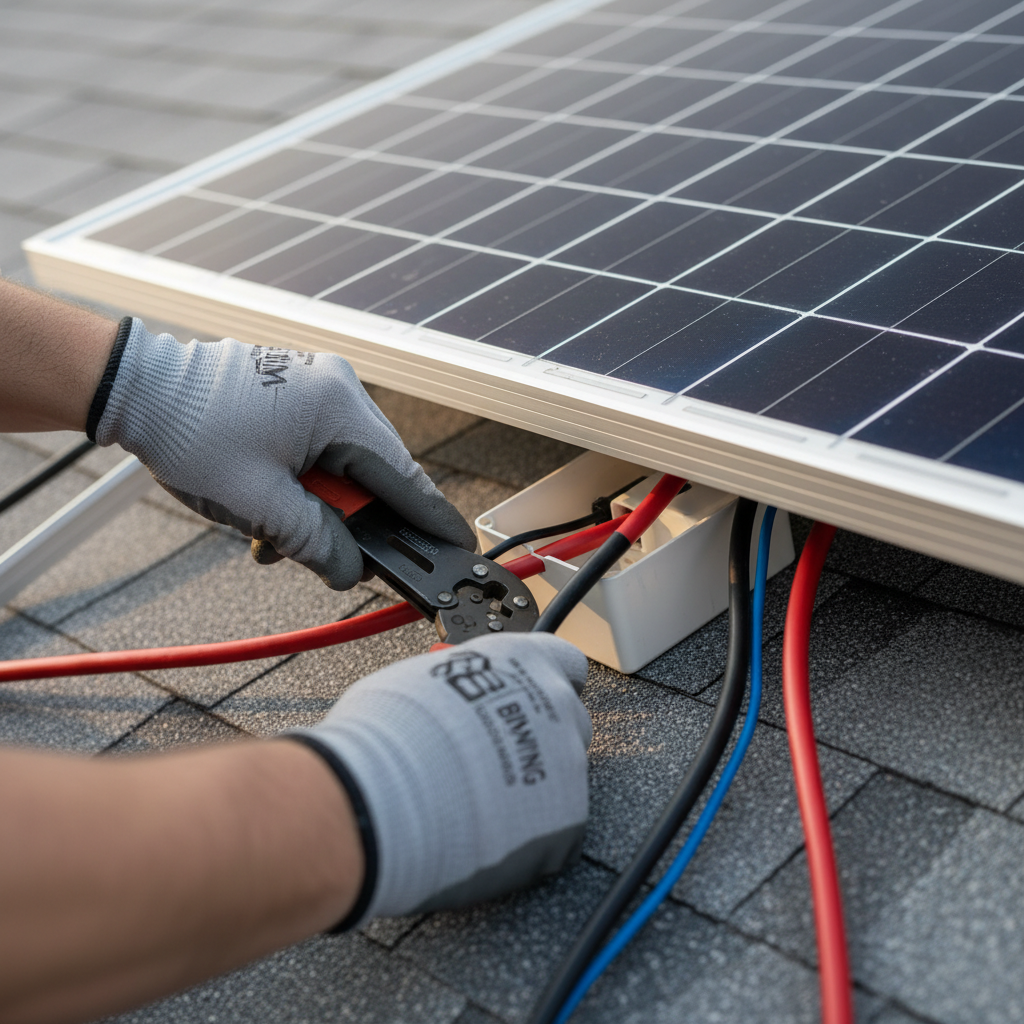 Subtle view of solar system repair on residential rooftops in a Fredericksburg, VA neighborhood at sunset.