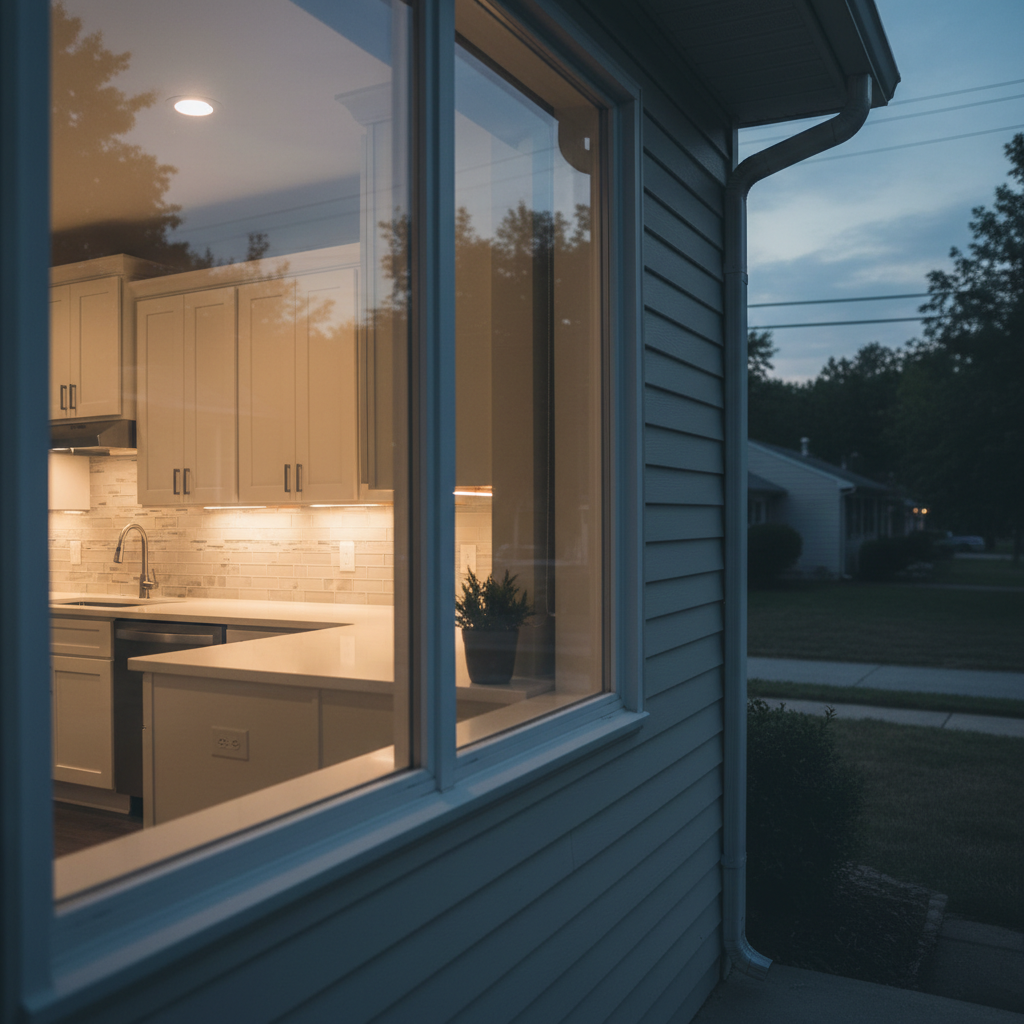 Subtle view of under cabinet lighting installation through a window in a residential Fredericksburg, VA neighborhood at dusk.