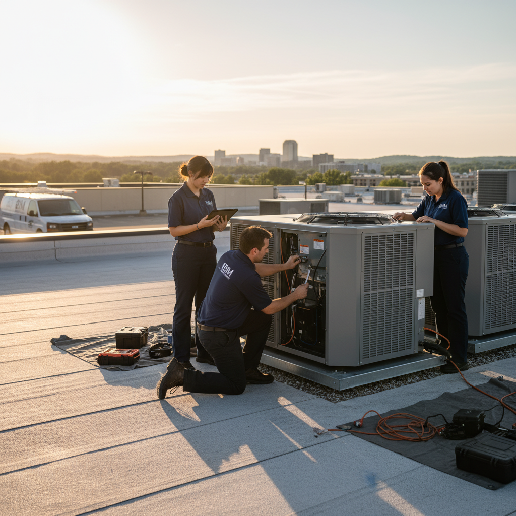 Team of BIM Heating and Cooling technicians servicing a commercial HVAC unit in Fredericksburg, VA.