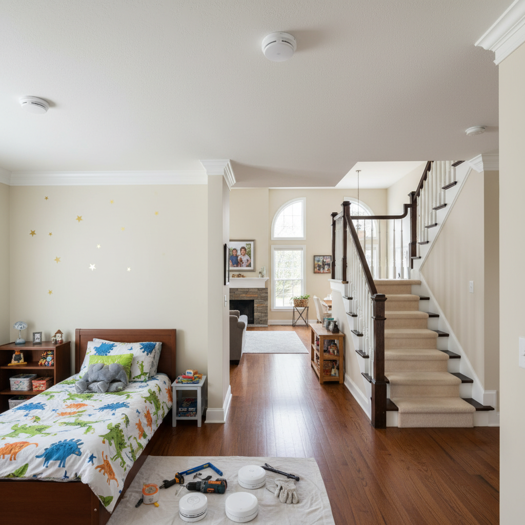 Technician carefully wiring a new smoke detector during installation in Fredericksburg, VA.