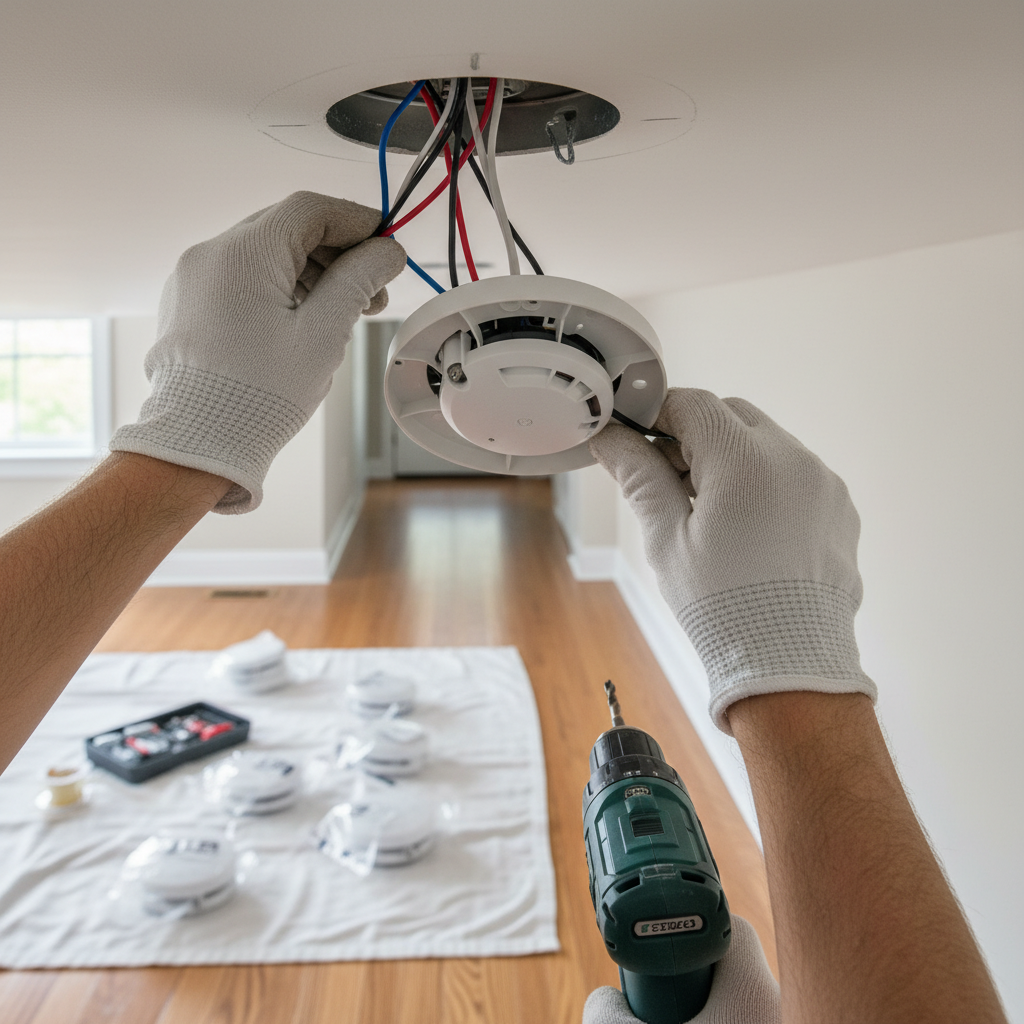 Technician carefully wiring a new smoke detector during installation in Fredericksburg, VA.