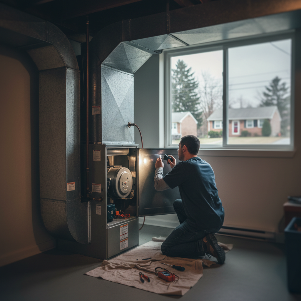 Technician inspecting a furnace blower motor in a Fredericksburg, VA basement with a neighborhood view.