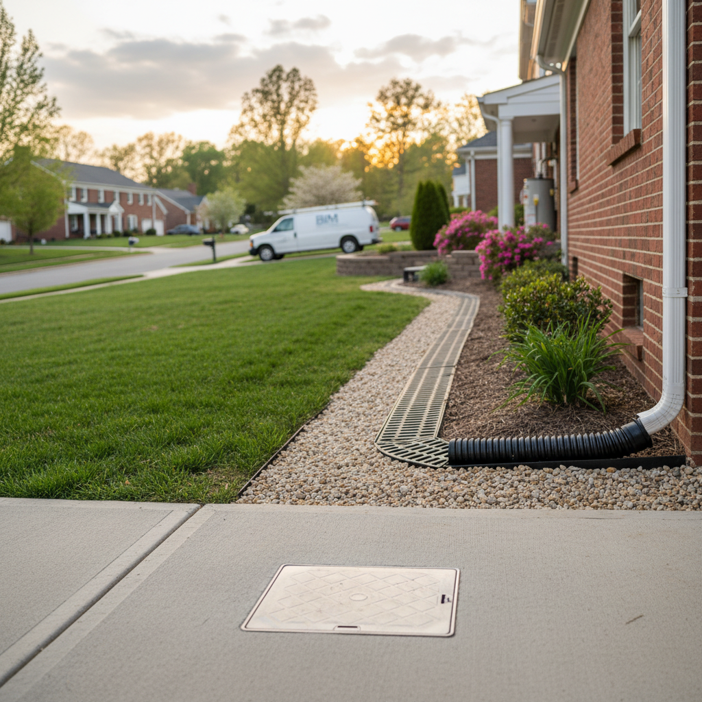Technician performing professional drain cleaning services in Fredericksburg, VA backyard.