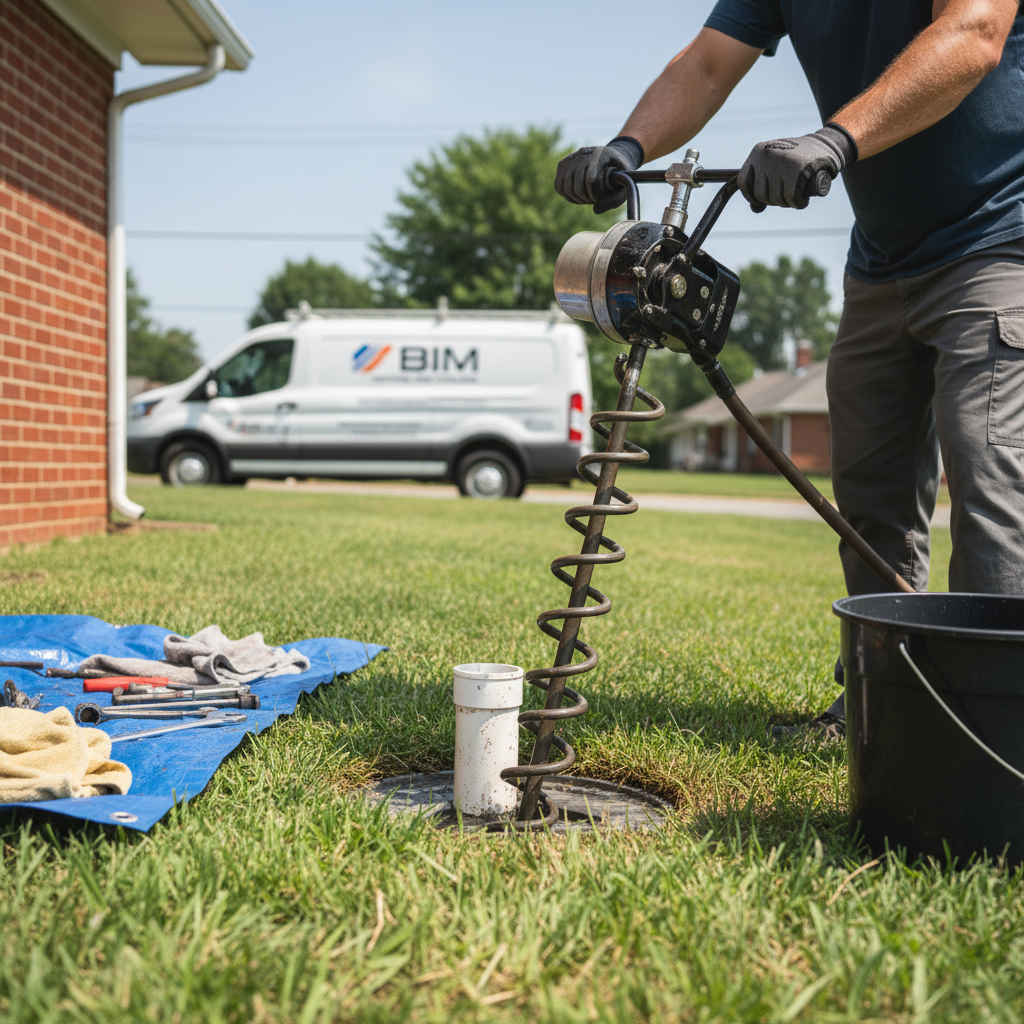 Technician performing professional drain cleaning services in Fredericksburg, VA backyard.