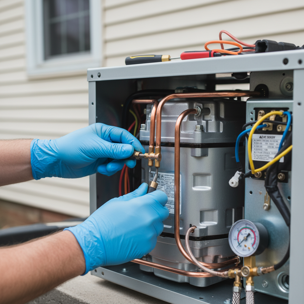 Technician working on an AC compressor repair in a residential neighborhood in Fredericksburg, VA, at sunset.