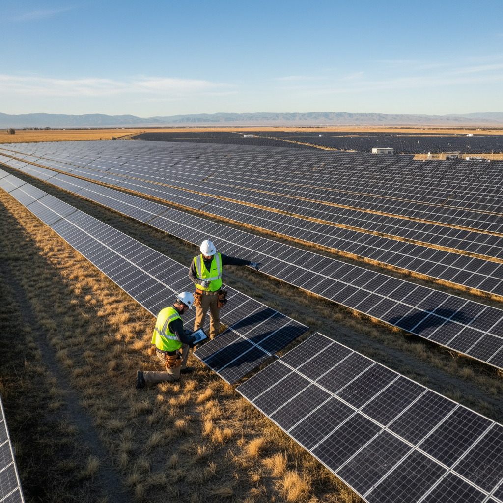 Technicians performing maintenance on a ground mount solar installation, inspecting panels for efficiency.