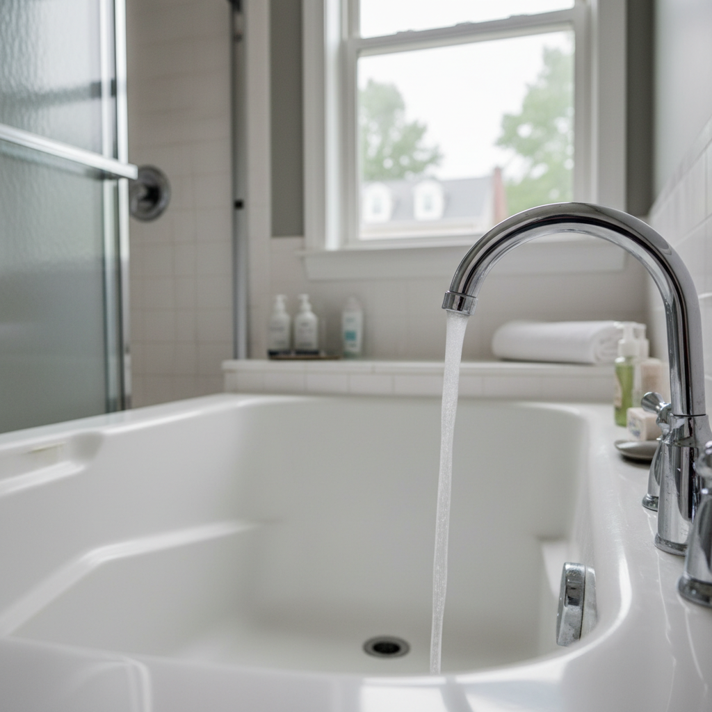 Water freely flowing down a bathtub drain, illustrating efficient bathroom drain cleaning in a Fredericksburg, VA neighborhood setting.