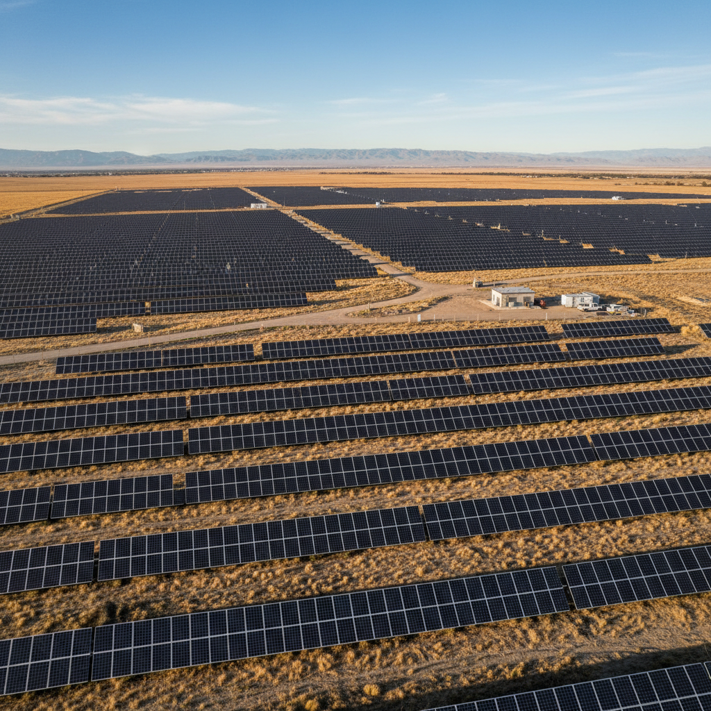 Wide shot of a completed ground mount solar installation with rows of panels under a clear sky.